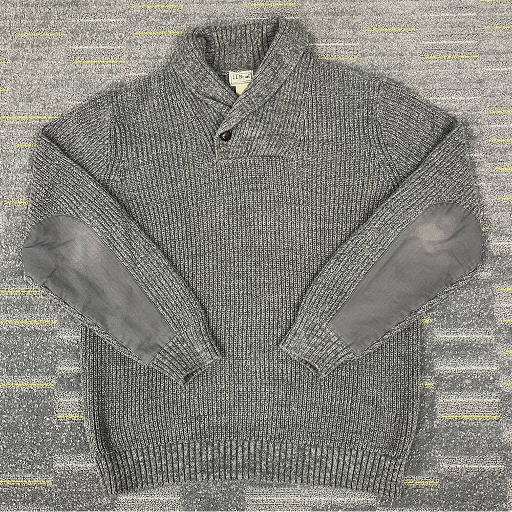 LL Bean Mens Shawl Collar Sweater Size Medium Tall Gray Fisherman Classic Button